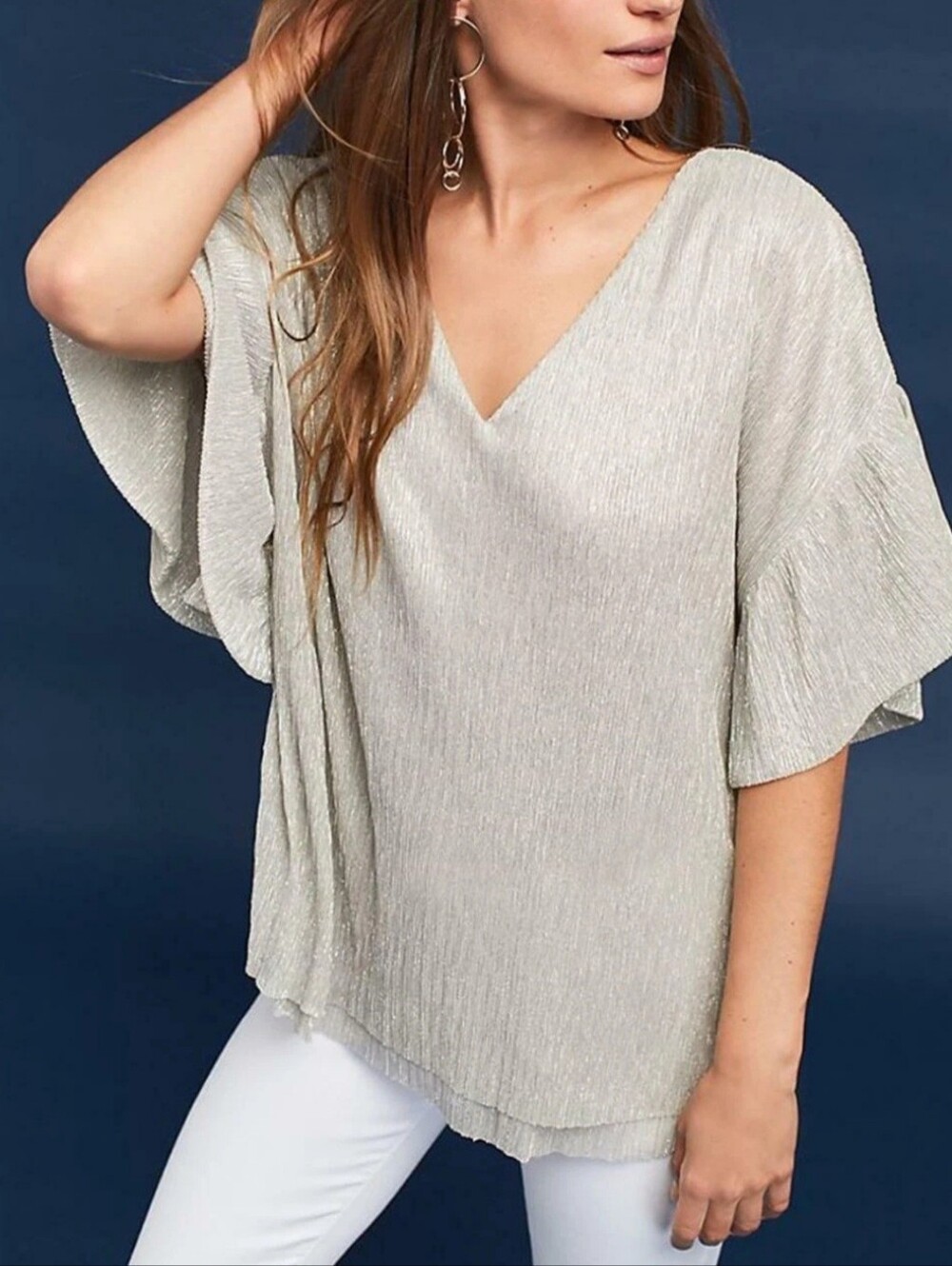 NWT Anthropologie Vanessa Virginia Metallic Pleated Top Silver Medium